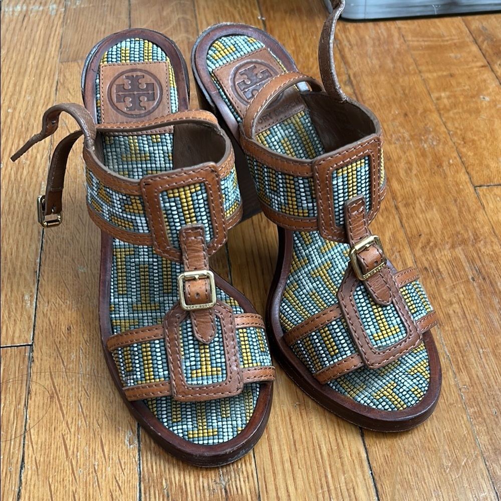 Tory Burch Leather and Woven Sandals